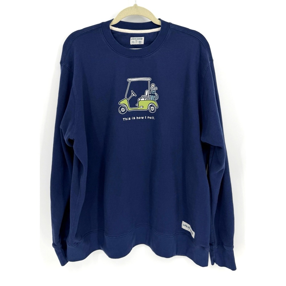 Life Is Good 'How I Roll' Golf Cart Fleece Sweatshirt Navy Men's XXL Camping